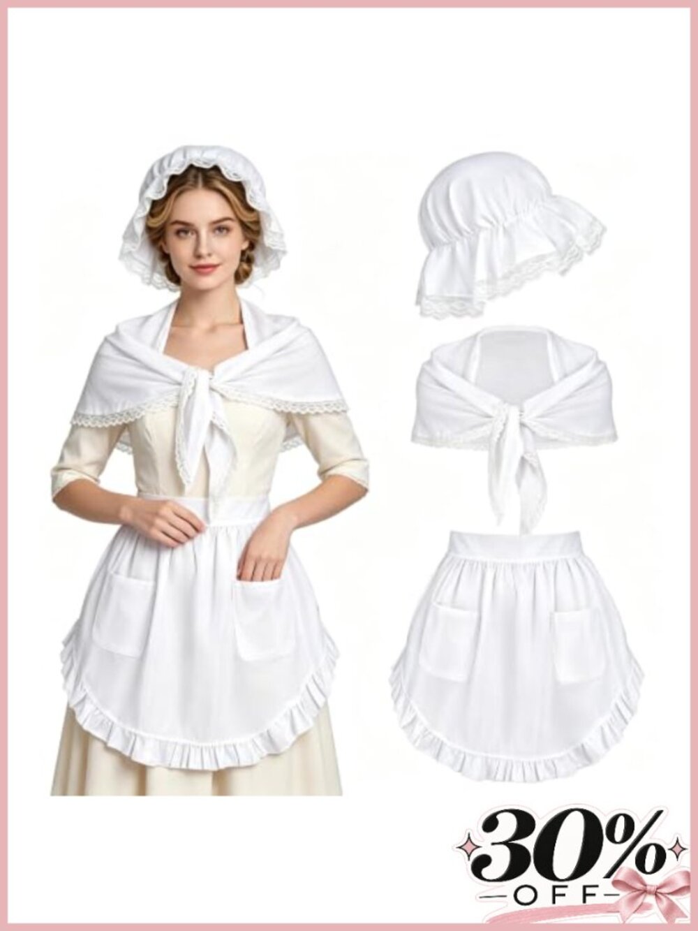 3 Pcs Colonial Costume Set Women White Bonnet Shawl Apron